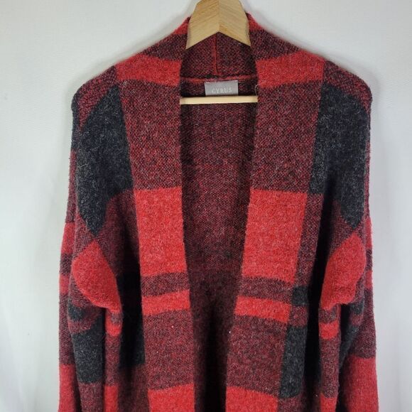 Cyrus Plaid Red and Black Long Duster Cardigan - Picture 3 of 12